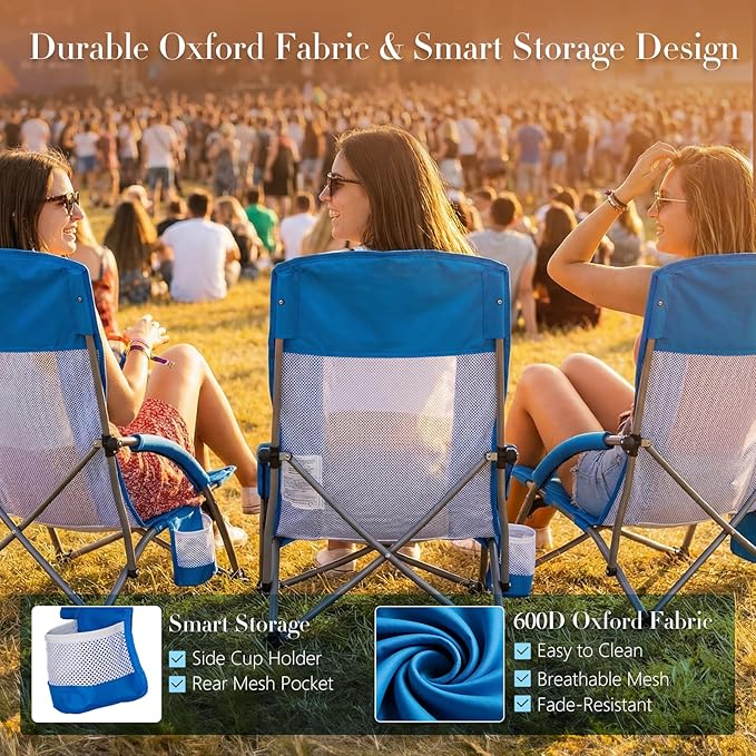 DUMOS Low Beach Chair for Adults Lightweight Folding Beach Chair with Cup Holder Storage Bag Breeze Mesh Back Padded Armrests Compact Low Profile Chair for Camp Picnic Lawn Sand