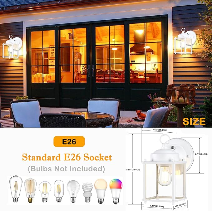 Dusk to Dawn Outdoor Wall Lantern Exterior Waterproof Sconces Lighting Wall Mount Front Porch Light Anti-Rust Metal Outside Light Fixtures with Clear Glass Matte White 2-Pack