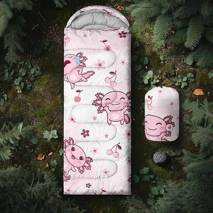 QOOMO Axolotl Cute Camping Sleeping Bags3 Season Warm &amp Cool WeatherLightweightWaterproof Sleeping Bags for Adults &amp KidsTravelingand Outdoors