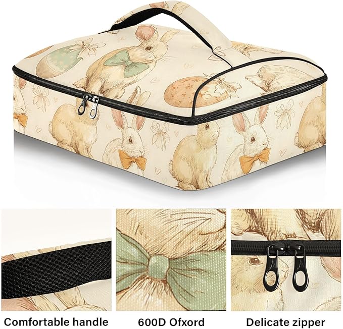 Casserole Carrier Loveliness Bunnies PrintInsulated Casserole Carrier for Hot or Cold Food Thermal Lunch Tote for Potluck Parties Picnic Beach Fits 9 x 13 Inches Baking Dish