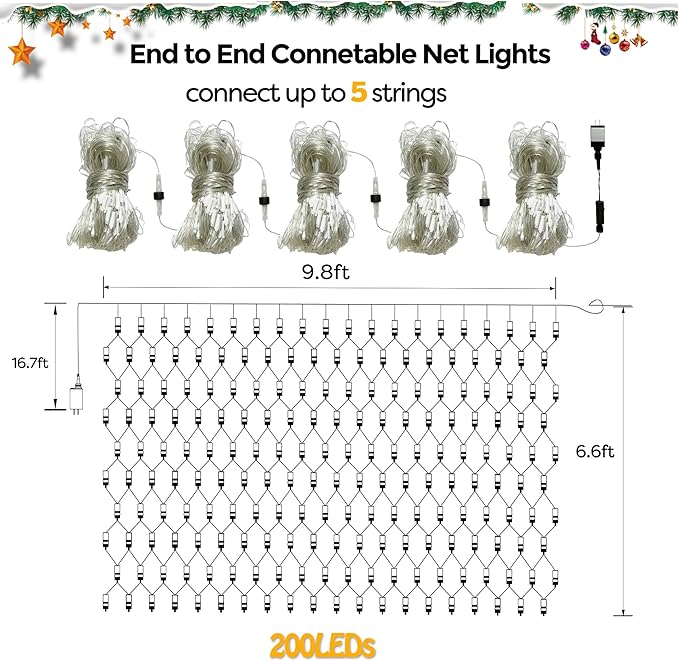 WBao Christmas Lights 200LED 9.8ft x 6.6ft Christmas Bush Lights 8 Modes Timer End to End Connectable Waterproof Design for Lawn Bush Tree Outdoor Xmas Decorations Red Green (Clear Wire)