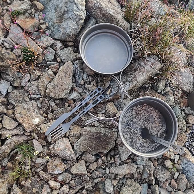 SILVERANT Titanium Camping Flatware Titanium Spork Spoon Chopsticks Knife Straw Cutlery Set PortableTableware for Lunch Box Outdoor &amp Hiking Comes with Drawstring Bag &amp Carabiner- Sandblaste