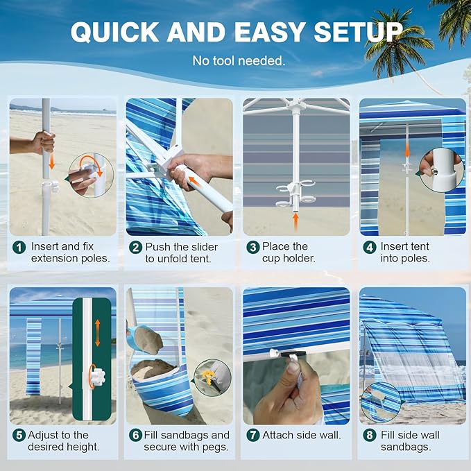 Rhino Valley Beach Cabana 8 * 8FT Beach Tent UPF50+ Protection Easy Setup Beach Canopy Wind Resistant with Cup Holder Compact Beach Shade Foldable Beach Tent Sun Shelter Blue Four Stripes