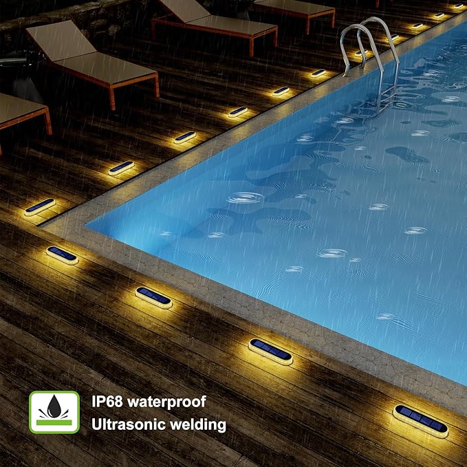 Solar Step Lights Outdoor Waterproof LED 4 Pack Warm White Flat Solar Powered Deck Lights for Outside Stick on Light Bar for Stair Dock Patio Garden Path Walkway Driveway Porch