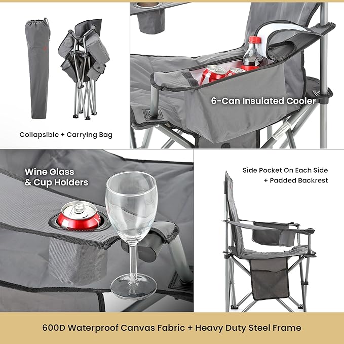 ARROWHEAD OUTDOOR Portable Heated Folding Camping Chair w/ 6-Can Cooler 3 Heat Settings Cup &amp Wine Glass Holder Heavy-Duty Carrying Bag Padded Armrests Battery NOT Included Supports up to 33