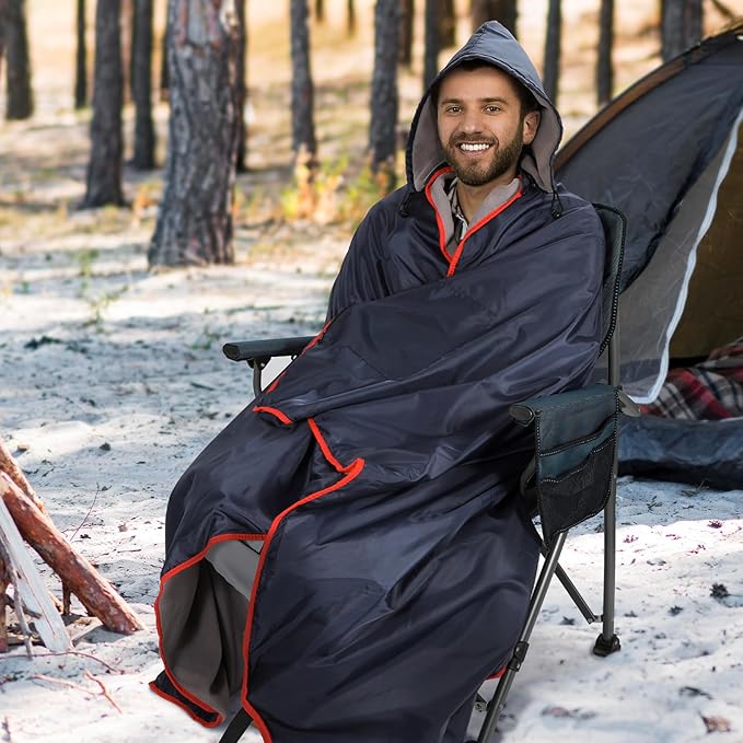 REDCAMP Large Waterproof Stadium Blanket with Hood for Cold Weather Soft Warm Fleece Camping Blanket Windproof for Outdoor Sports Dark Blue/Grey