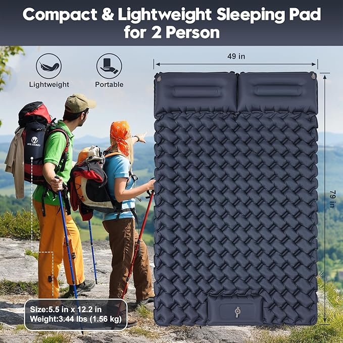 Double Sleeping Pad for Camping – 4” Thick Inflatable Camping Mattress 2 Person Built-in Foot Pump &amp Pillow Ultralight Self-Inflating Camping Mat for Tent Hiking Backpacking Traveling