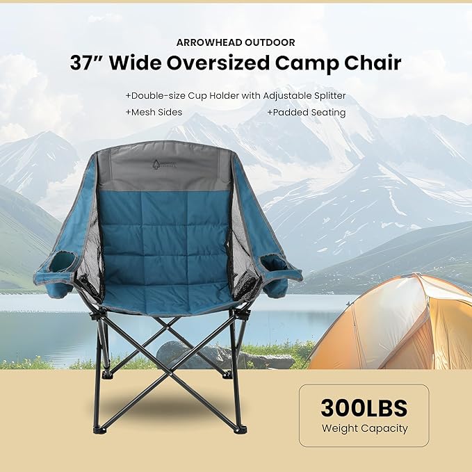 ARROWHEAD OUTDOOR 2-Pack Oversized Folding Camp Chair w/Adjustable Double Sized Cup Holder Mesh Sides Inner Pockets Carry Bag 300 LBS Weight Capacity