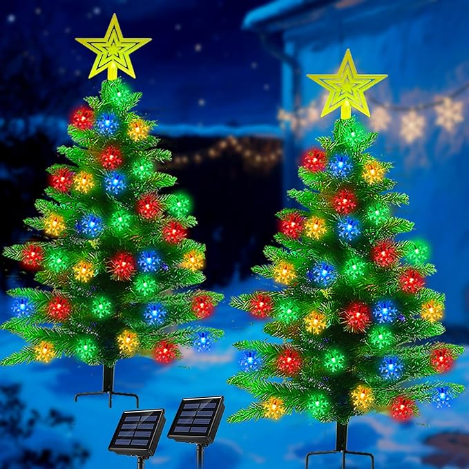 2 Pack 3.6Ft Solar Christmas Tree with 100 Snowflake Lights Waterproof Christmas Decorations Outdoor Solar Christmas Lights Outdoor Xmas Tree for Yard Pathway Porch Cemetery Holiday Decor