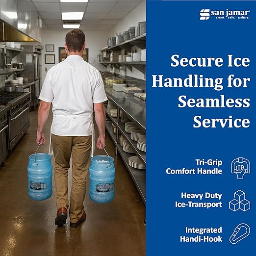 San Jamar Saf-T-Ice Ice Tote with Ice Machine Hanger for Kitchens Restaurants and Fast Food Plastic 5 Gallons Blue