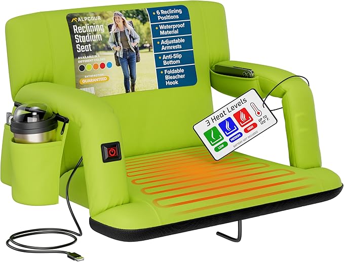 Alpcour Heated Reclining Stadium Seat for Bleachers – Wide Bleacher Chair with Back Support and Cushion Armrests Side Pockets &amp Hook – Stadium Seats Chairs for Camping Kayak Paddle Board &amp