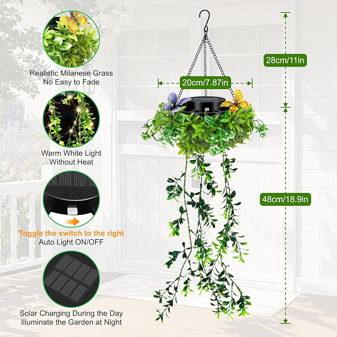 Solar Hanging Garden Lights for Spring Summer 2 Pack 66 LEDs Realistic Flower Vine Fairy String Lights IP65 Waterproof Outdoor Decor for Garden Patio Fence 8-12 Hrs Auto Lighting Mother‘s Gift