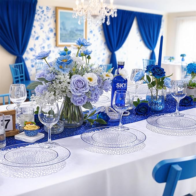 Rubtlamp 60Pcs Blue Easter Plastic Plates Clear Disposable Plates With Blue Rim Heavy Duty Party Plates Hammered Fancy Plates Include 30 Dinner Plates 30 Dessert Plates For St Patricks Day