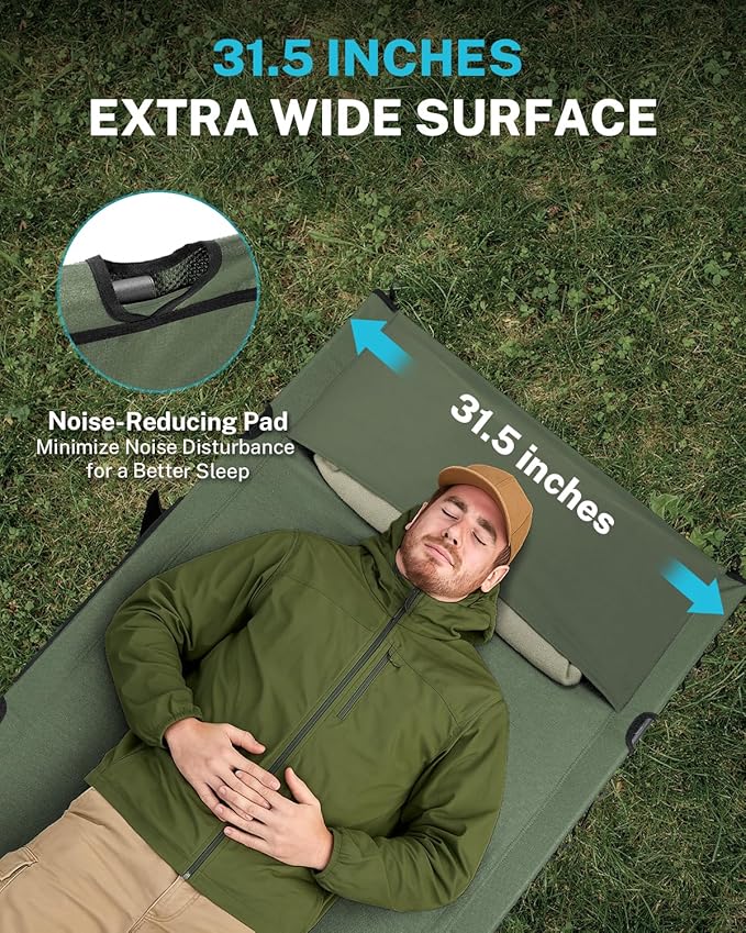 Gonex 31.5 Extra Wide Camping Cot with Premium Pillow Pocket Supports 350lbs Portable Ultralight Folding Cot Bed for Adults Travel Beach Home Sleeping (Army Green)