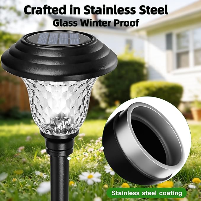 Beau Jardin 8 Pack Solar Pathway Lights White+Color Changing Stainless Steel 3 Mode Outdoor Multicolor Metal Solar Powered Waterproof Glass for Garden Landscape Path Yard Walkway Driveway Black