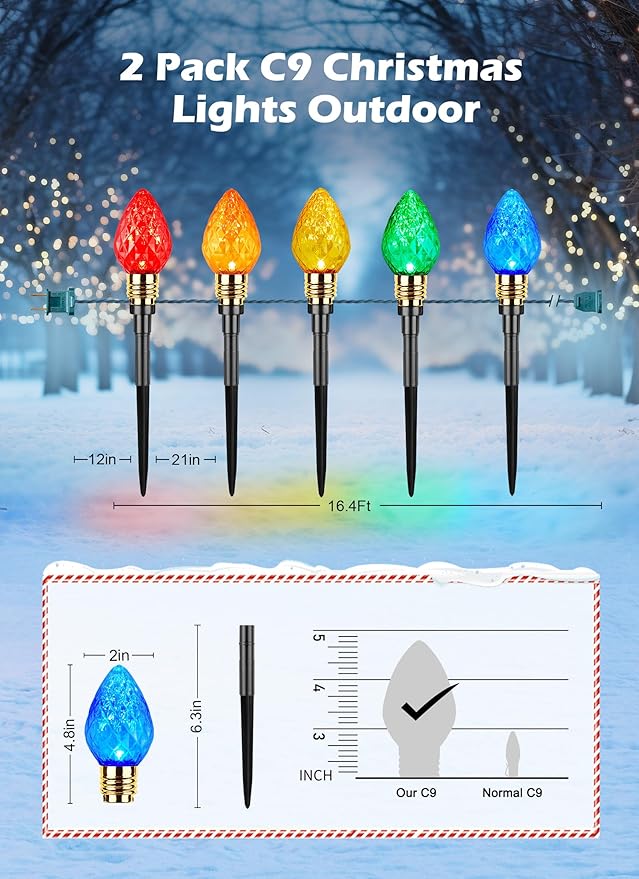 Brightown 2 Pack Strawberry C9 Christmas Pathway Lights Outdoor - Total 34.8 Feet 20 LED Christmas Walkway Light Christma Lights Outdoor Decorations for Yard Lawn Holiday Outside Multicolor