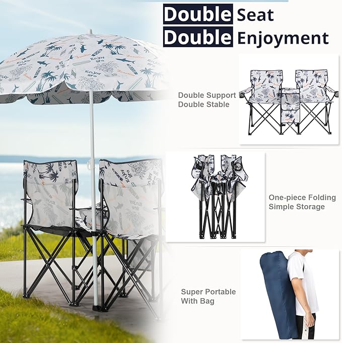 Outvita Folding Double Camping Chair w/Umbrella Beverage Holder Carrying Bag Cooler Fold Up Table Large Bearing Capacity for Beach Patio Pool Park Outdoor Shark Pattern
