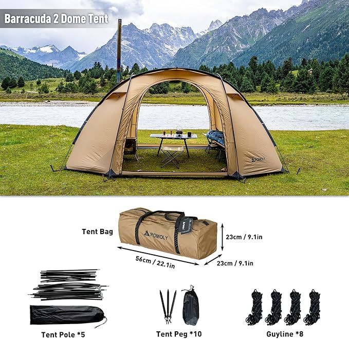 POMOLY Dome Tent Freestanding Camping Hot Tent Barracuda 2 Portable Wood Stove Tents for 1-2 Person Backpacking Hiking