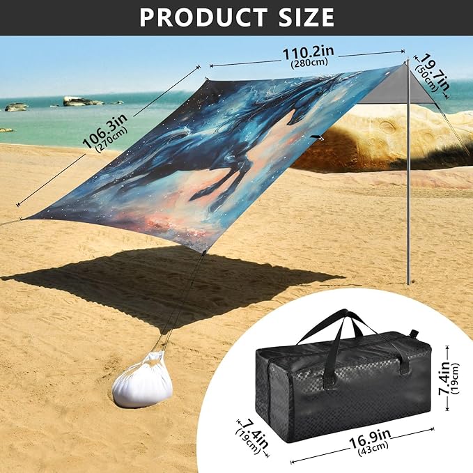 Drawing Galaxy Horse Beach Tent Sun Shelter 9.2' x 10.5' Beach Canopy with 4 Sandbags 4 Stability Poles Sand Shovels - Tent Canopy for Beach Camping Fishing Picnics