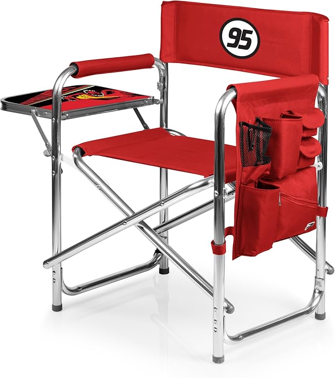 PICNIC TIME Disney Cars Lightning McQueen Sports Chair with Side Table Folding Beach and Camp Chair Portable Outdoor Chair with Carry Strap and Storage Pockets (Red)