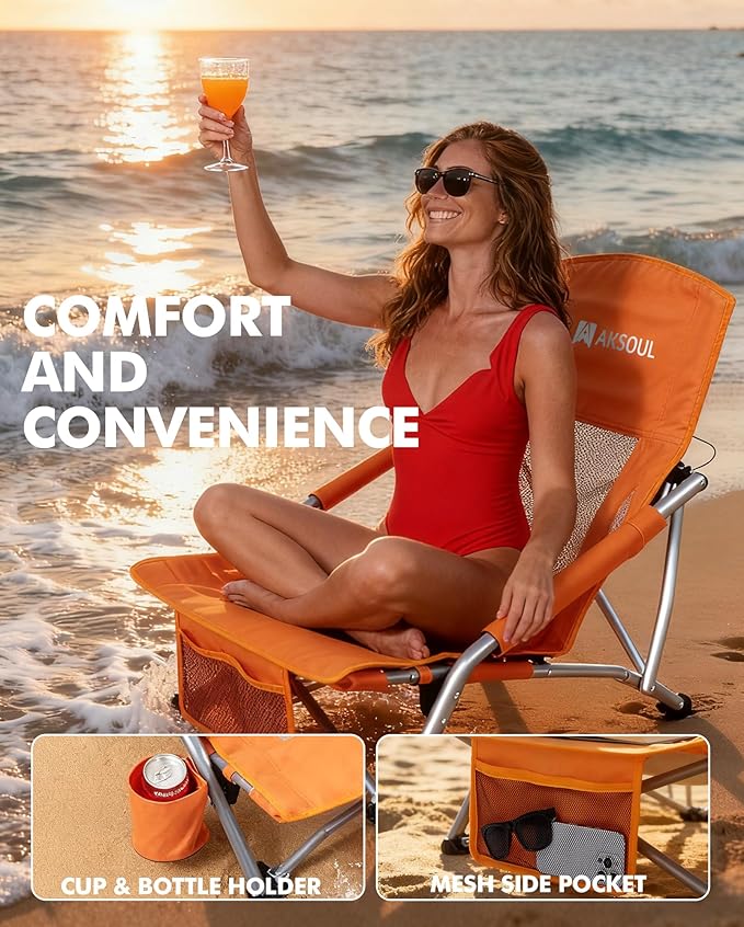 AKSOUL Folding Beach Chair for Adults: Low/High Back Chairs with Carry Bag - Extra Wide Seat Chair with Comfortable Pillow &amp Storage Pocket (1 Pack &amp 2 Pack Blue)