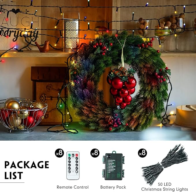Tuanse 8 Pack Battery Operated Outdoor Christmas Tree String Lights16.4 ft Mini Light Outdoor Christmas Lights with 50 Led of Dark Green Cable Lighting for Bedroom Garden Yard (Colorful Light)
