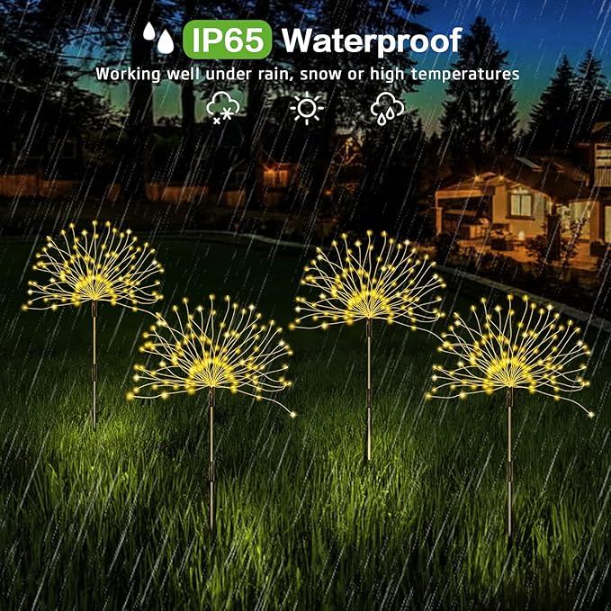 Solar Outdoor Warm White Garden Lights 4 Pack Firework With 120 LED Starburst String 8 Modes Fairy With Remote for Wedding Christmas Lawn Backyard Party Patio Decoration
