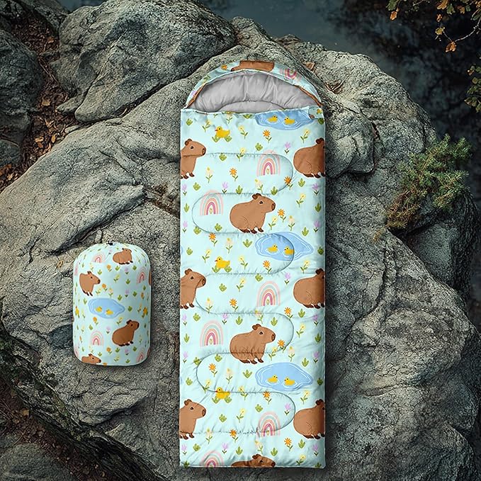 Kawaii Capybara Sleeping BagRainbow Duck Floral Compact Waterproof Camping Bag for Kids Girls BoysCute Cartoon Capibara Warm Backpacking for Traveling Outdoor Hiking Camping Gear Equipment