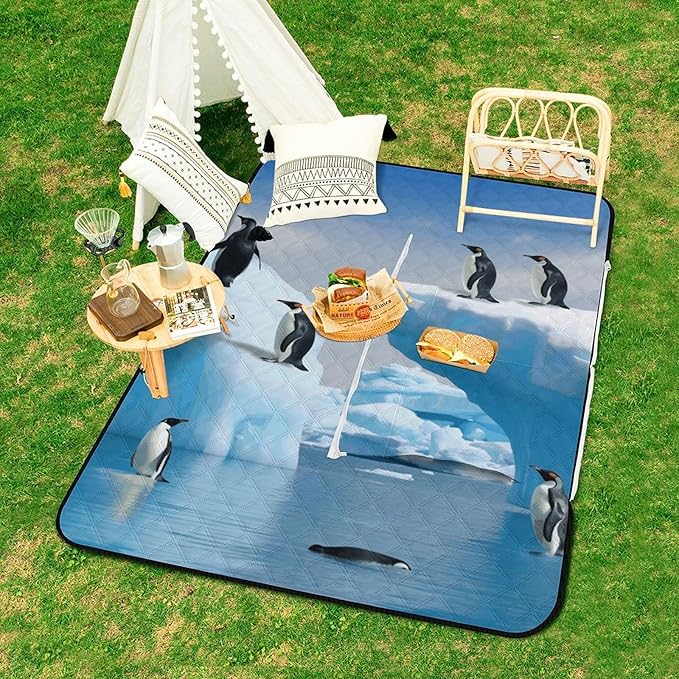 Zipper Penguins On The Iceberg Style Picnic Mat Suitable for Travel Camping Park Or Home Use