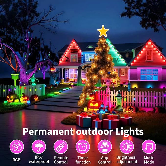Permanent Outdoor Lights 200ft Smart Eave Lights with RGB LED Light IP67 Waterproof App Control DIY RGB Light for House Halloween Decorations