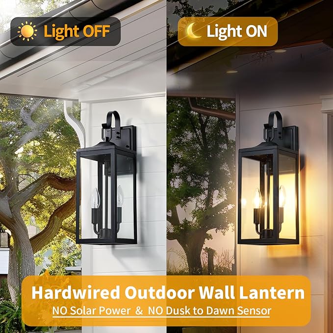 18'' Large Outdoor Light Fixture 2 Packs Black Porch Lantern Wall Mounted Waterproof 2-Light Exterior Lighting Fixtures with Clear Tempered Glass Modern Sconce Outside Lights for House Patio Garage
