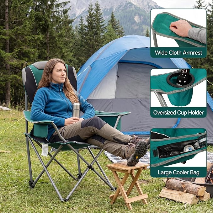 2 Pack Camping ChairsOversized Folding Lawn Chairs for Adults w/3 Levels Adjustable Angled BackrestCup HoldersCooler BagHeavy Duty Camp Chair Support to 400lbsPortable for Outdoor