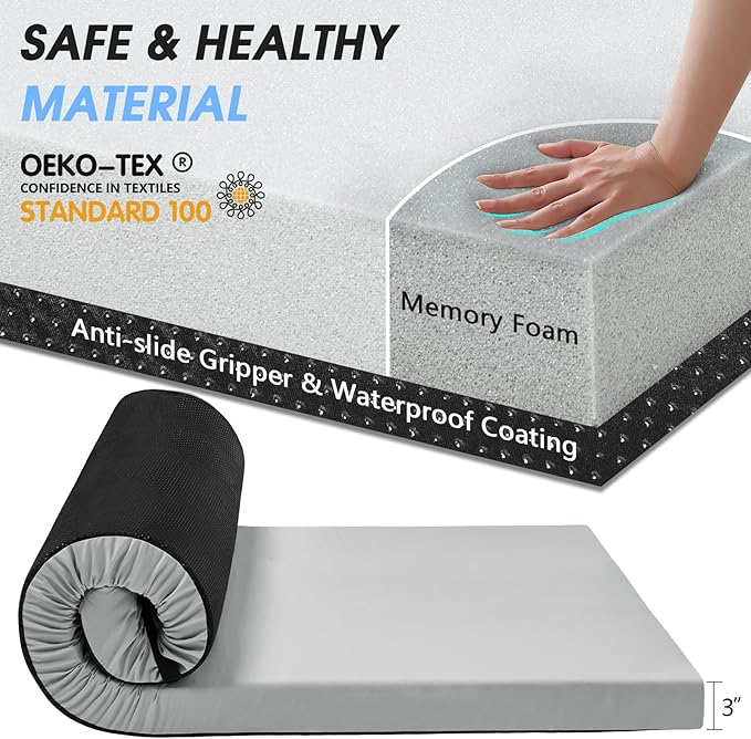 CYMULA Memory Foam Camping Mattress Pad3inch Sleeping Pad for CampingNon-Slip Bottom Floor Cot Car Mattress Bed with Retaining Portable Roll up Mattress Pad Mat for Travel Truck Guest Bed Tent