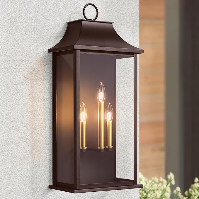 Dusk to Dawn Outdoor Wall Light 3-Light 25.3 Large Outdoor Light Fixture Oil Rubbed Bronze Exterior Wall Lantern Waterproof Outside Wall Sconce for House Porch Patio