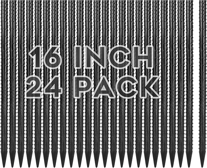 16 Inches Rebar Stakes(24pcs) Heavy Duty Straight Metal Ground Anchors with Chisel Point Ends for TimberConcretePlant SupportCamping Tents3/8 Inch Thickness Garden StakesBlack