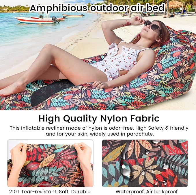 ele ELEOPTION Outdoor Inflatable Camping Couch Waterproof Portable Blow Up Air Sofa Chair Lounger for Backyard Beach Traveling Camping with Compression Sacks (Red Leaf Print)