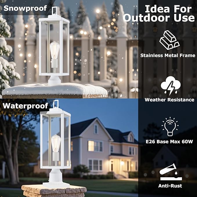 GRUENLICH Outdoor Lamp Post Light Fixtures Exterior Pole Lantern with Tempered Glass 20 Inch Fence Post Lighting for Garden Yard Pathway White 2 Pack