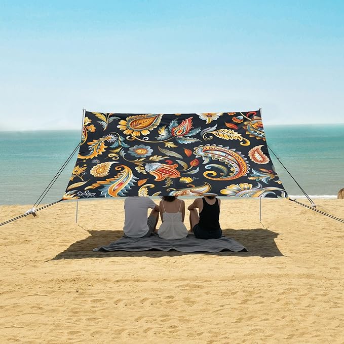 ALAZA Paisley Vintage Beach Tent Sun Shelter UPF50+ Protection Beach Shade Canopy w/ 4 Sandbags for Outdoor Camping Fishing Backyard Fun Picnic 10x9 ft