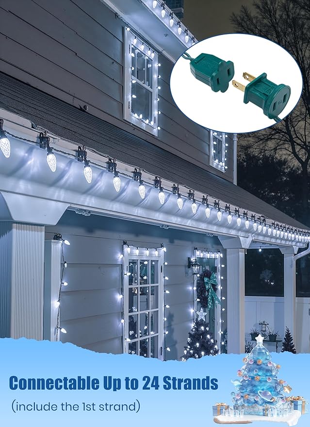 C9 LED Christmas Lights Outdoor 68 Feet 100 LED Strawberry String Lights with 100 Spring Clamps Waterproof Commercial Grade Extendable for Outside Roofline Patio Home Xmas Decoration Pure White