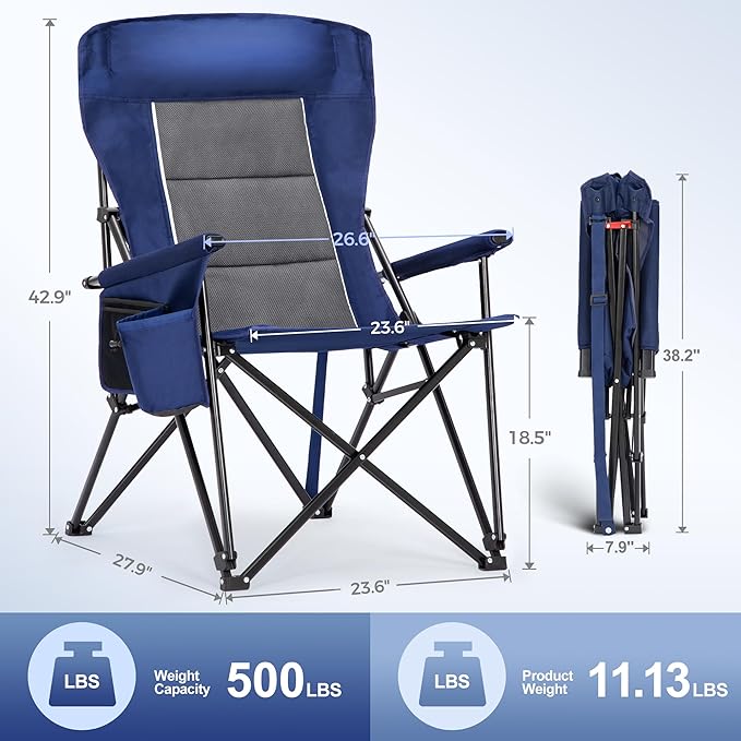 LET'S CAMP Oversized Camping Chairs 29.52 High Back Heavy Duty Lawn Chair Support 500LBS Portable Collapsible Chair with Cup Holder Side Pocket2 Pack(Blue)