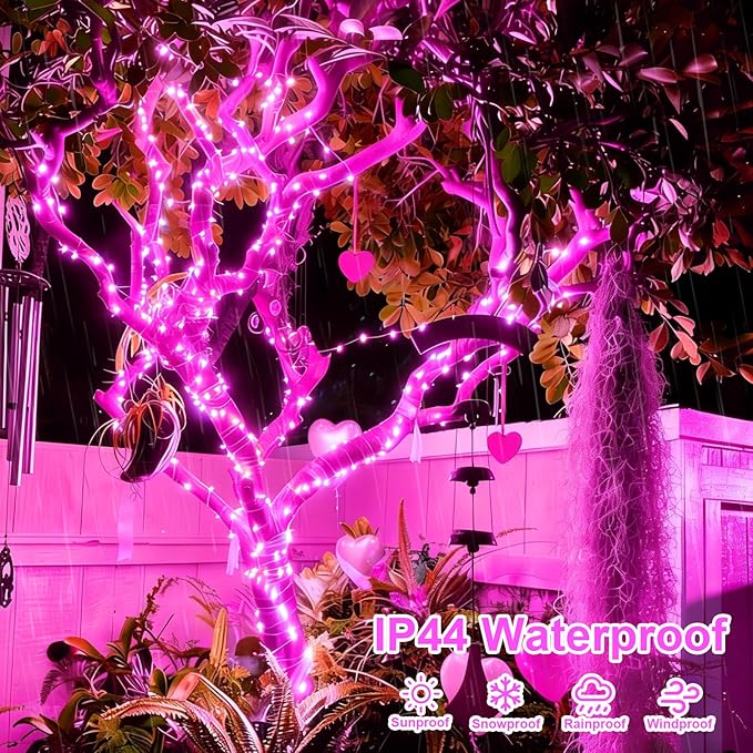 YEGUO 4 Pack Pink Solar Fairy Lights Each 33ft 100 LED Christmas Lights Outdoor Waterproof 8 Modes Sliver Wire Solar String Lights