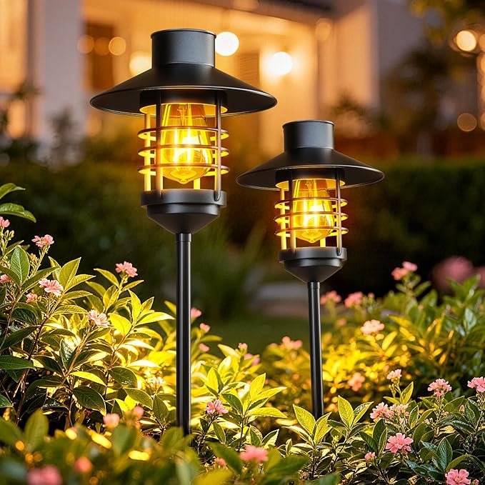 2 Pack Solar Garden Lights with Ground Spikes Solar Powered Pathway Lanterns for Yard Patio Driveway - Decorative Landscape Lighting Gifts for Family Women