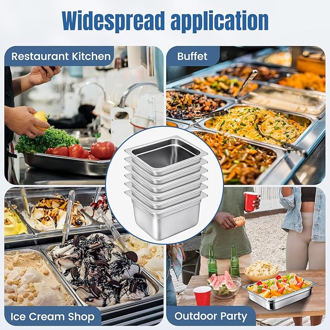 6 Pack 1/6 Size Steam Table Pans 4” Deep Anti-Jam Stainless Steel Hotel Pans Food Prep Pans for Restaurant Buffet Catering Hotel Dishwasher Safe