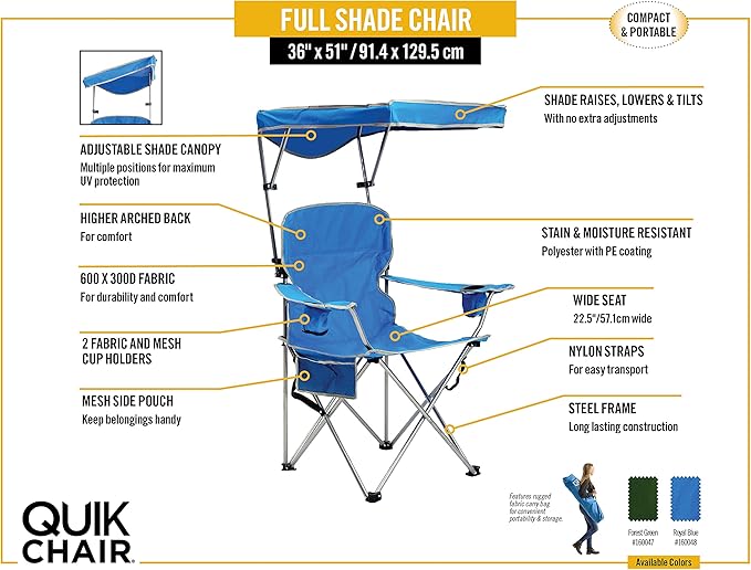 Quik Shade Full Size Shade Folding Chair for Camping Polyester Arm Rest|Foldable Royal Blue 2'L x 3'W x 4.3'H (160048DS)