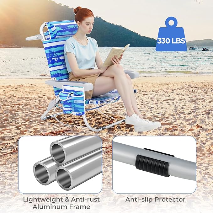 Giantex 2-Pack Backpack Beach Chair - Foldable Camping Chair with 5 Adjustable Position Cup Holder Storage Pockets Straps Towel Rack Pillow Lay Flat Lawn Chair for Patio Outdoor Blue Stripe