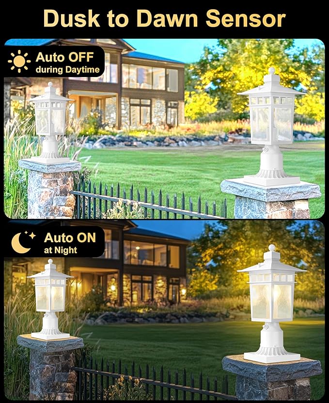 Dusk to Dawn Outdoor Post Lights Waterproof Lamp Post Light Fixture Aluminum Lamp Posts Outdoor Lighting Pole Lantern for Outside Yard Patio Pathway Garden Deck Hard Wired (1 Pack White)
