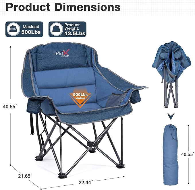 Oversized Camping Chair Portable Folding Padded Camp Chairs with Side Pocket Cup Holder Heavy Duty Support 500LBS Outdoor Lounge Chair for Adults Fishing Sports Trip Navy Blue