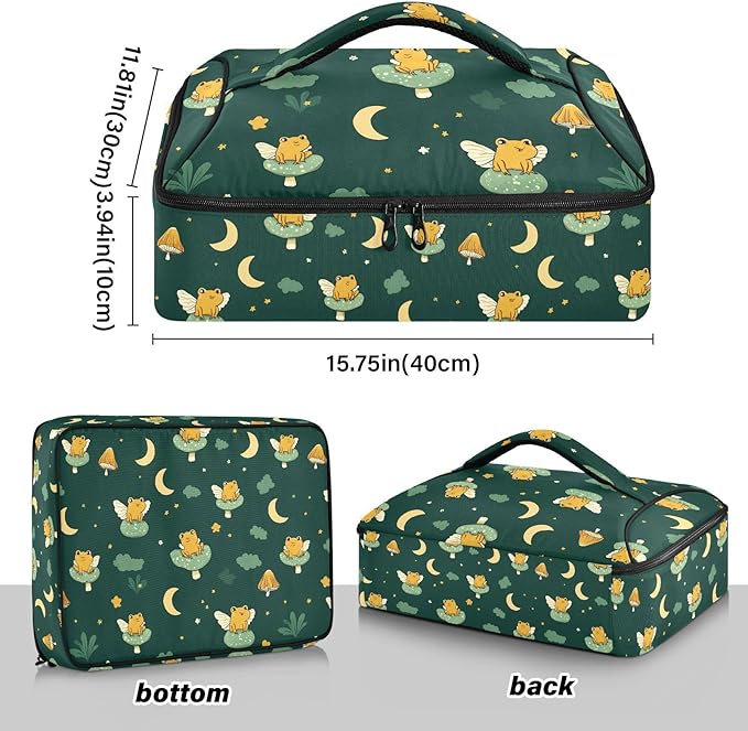 Casserole Carrier Frog and Mushroom PatternInsulated Casserole Carrier for Hot or Cold Food Thermal Lunch Tote for Potluck Parties Picnic Beach Fits 9 x 13 Inches Baking Dish