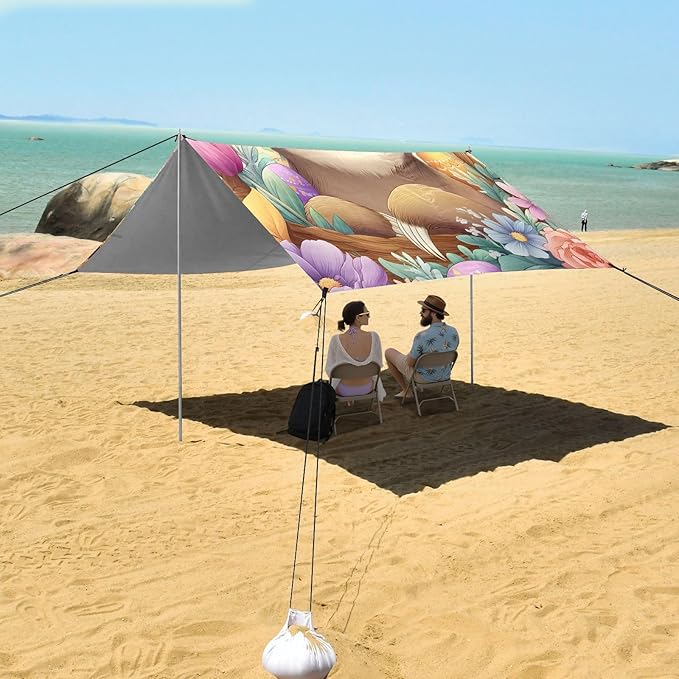 Bolaz Beach Canopy Tent Sun Shade9'×10.5' Large Family Beach Shade UPF50+- Outdoor Shade for Camping Trips FishingSloth Basket Flower
