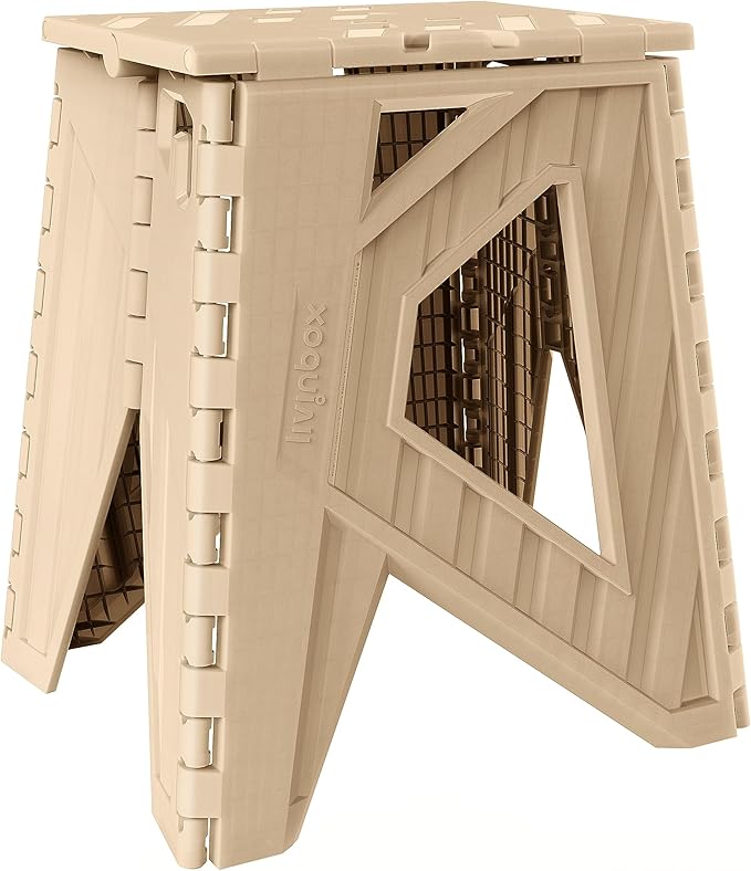 livinbox 15 inch Plastic Collapsible Stool Folding Stool Outdoor Step Stool Opens Easy with One Flip. Great for Kitchen Bathroom Bedroom Holds Up to 200kg (Khaki Beige)